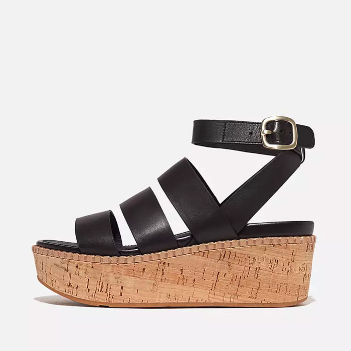 Fitflop Women Eloise Leather Cork Strappy Wedge Sandals |HS7-001| Black