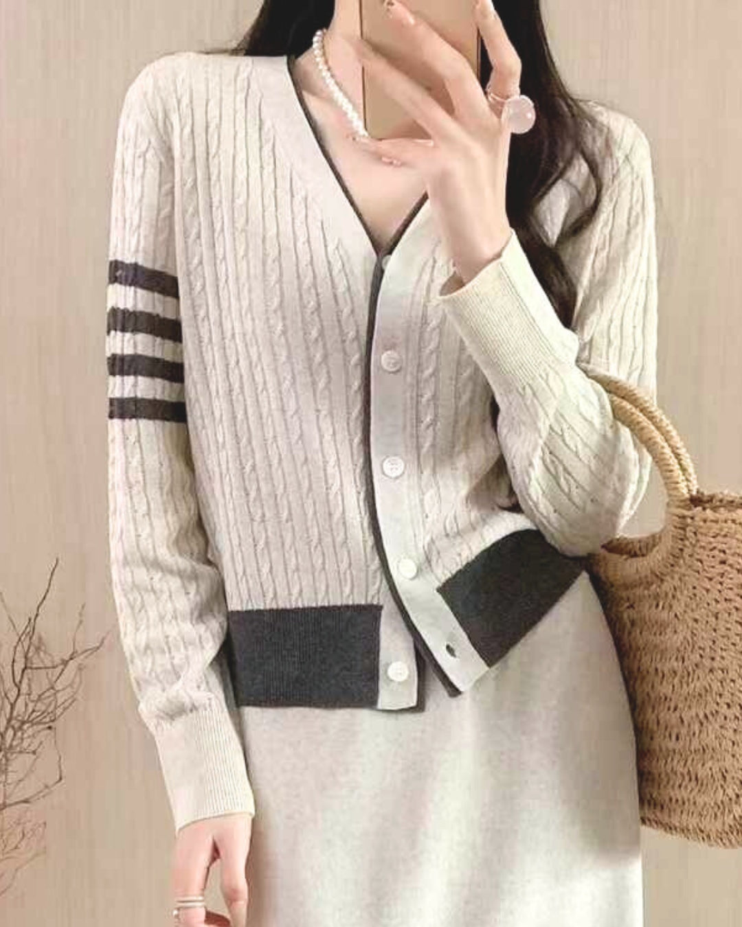 Contrast Trim Cable Knit Cardigan