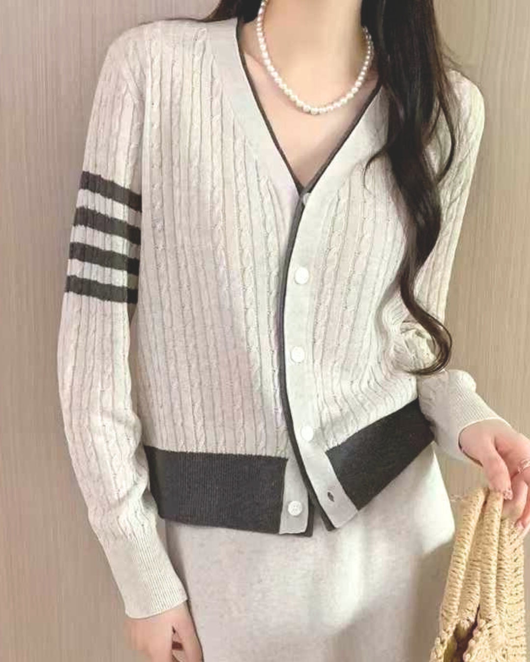 Contrast Trim Cable Knit Cardigan