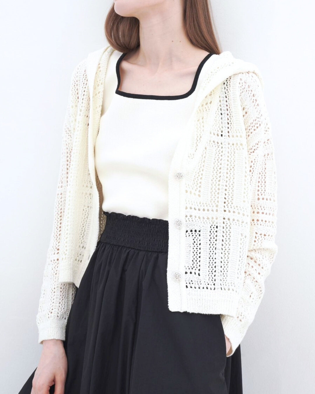 Openwork Knit Hooded Cardigan Ivory