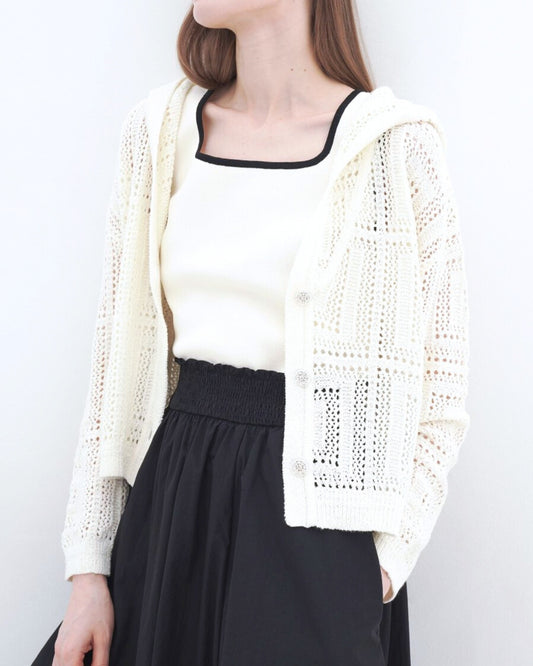 Openwork Knit Hooded Cardigan Ivory