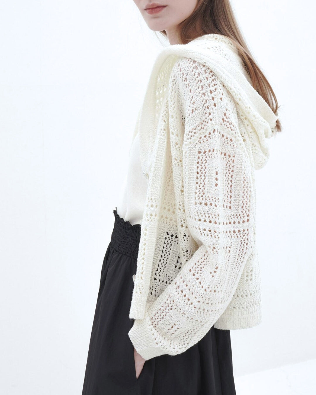 Openwork Knit Hooded Cardigan Ivory