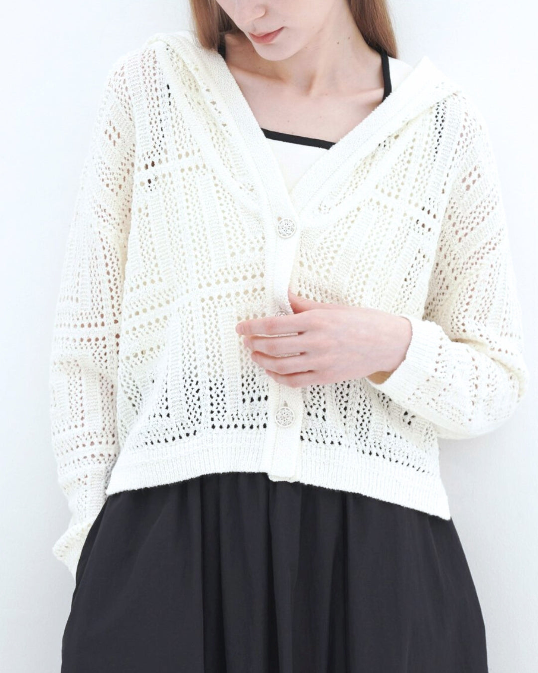 Openwork Knit Hooded Cardigan Ivory