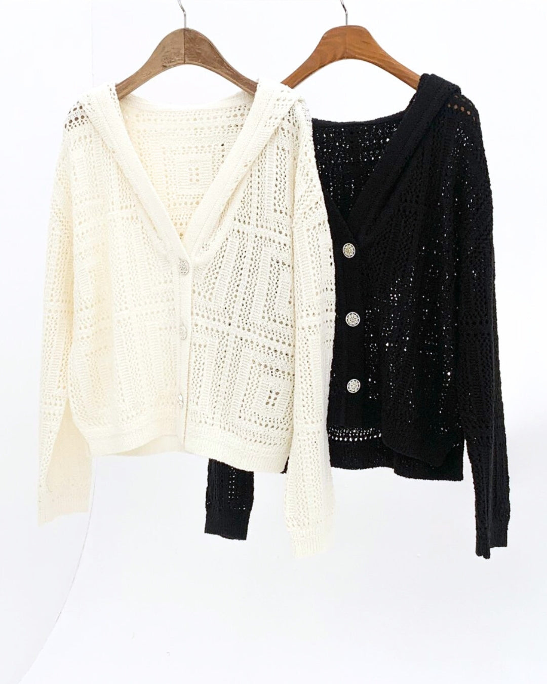 Openwork Knit Hooded Cardigan Ivory