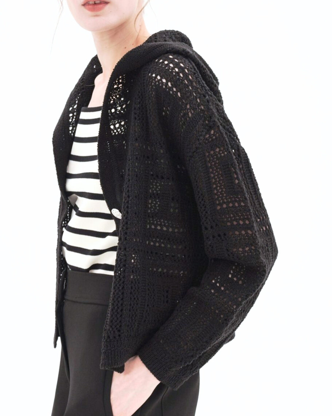 Openwork Knit Hooded Cardigan