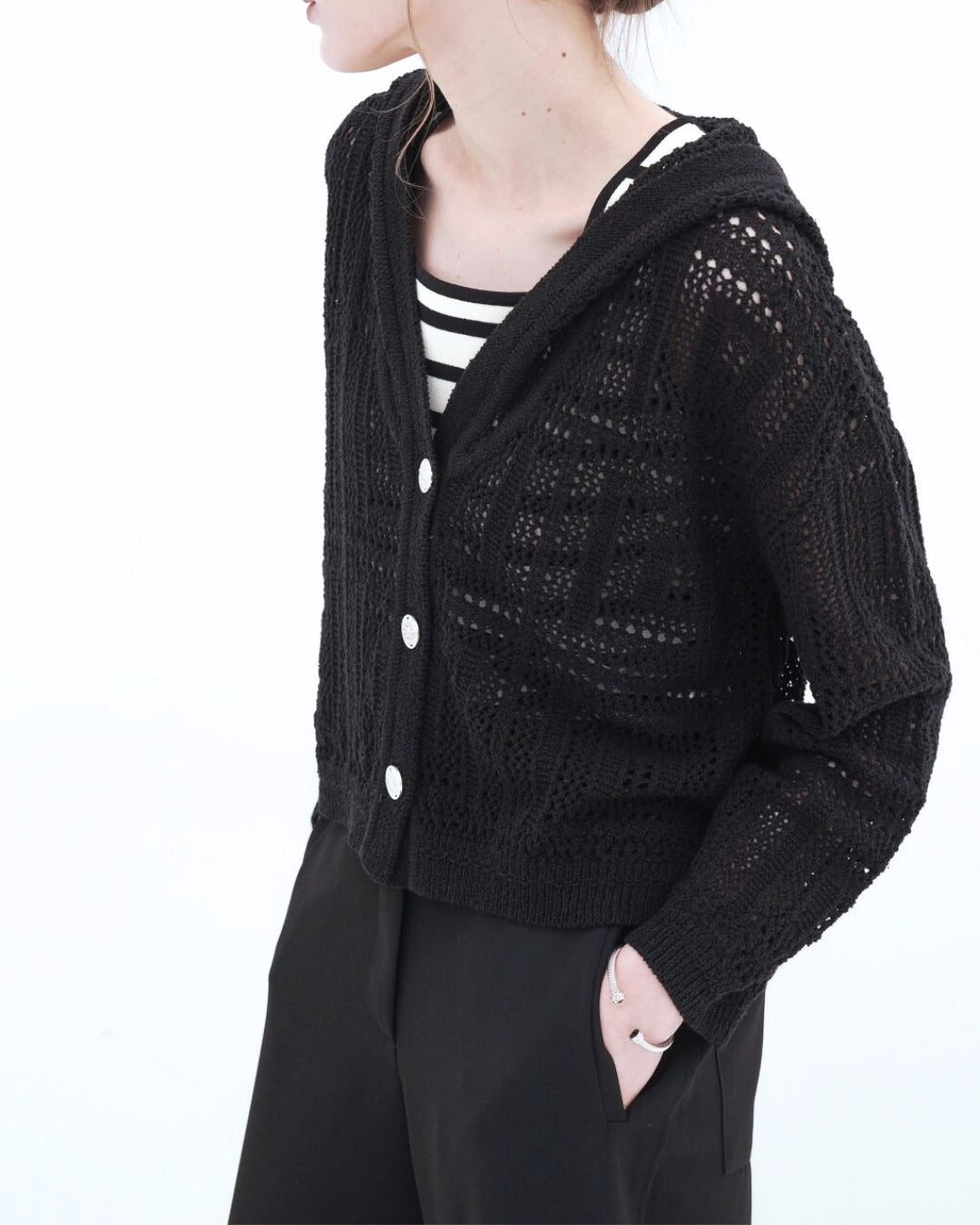 Openwork Knit Hooded Cardigan