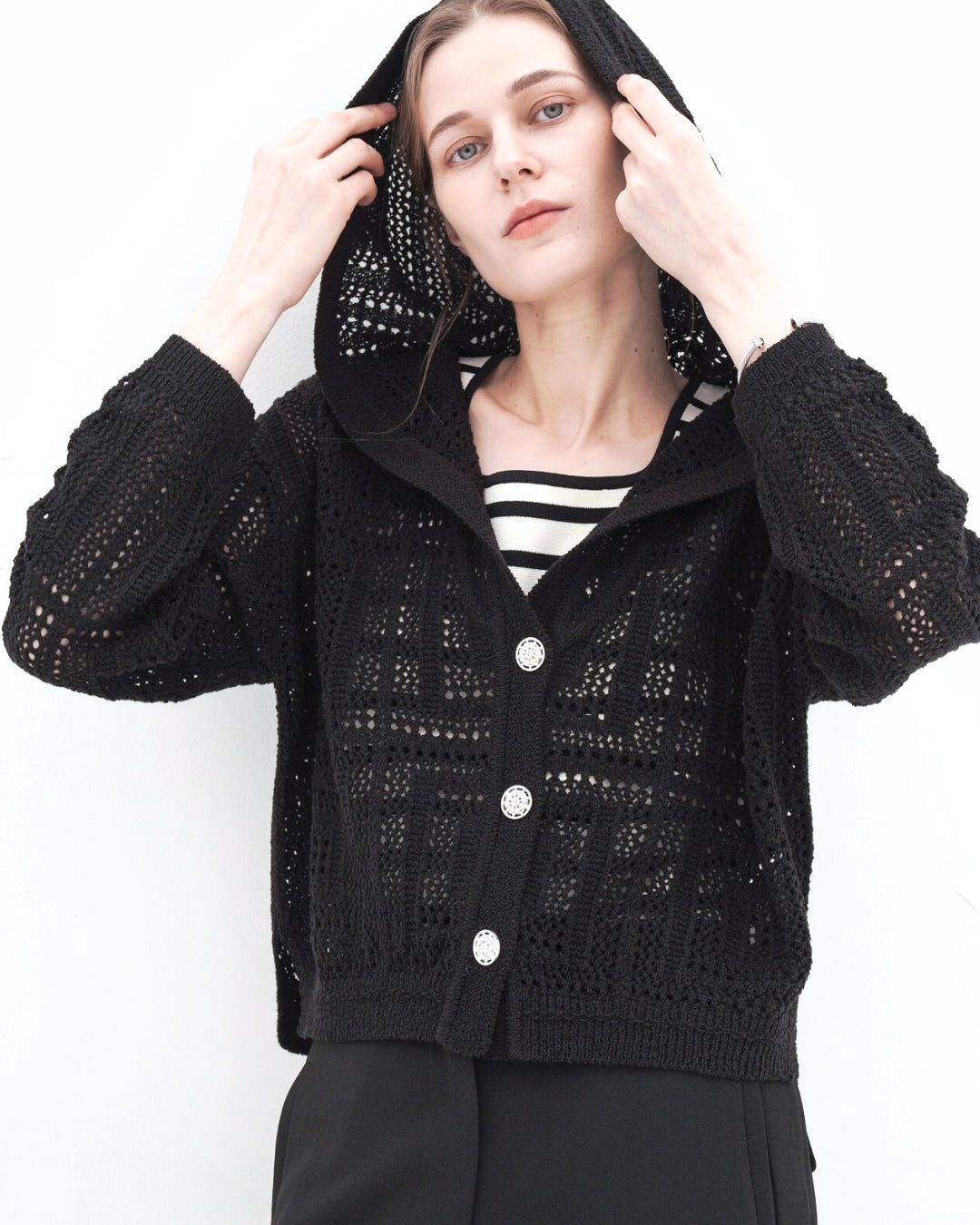 Openwork Knit Hooded Cardigan