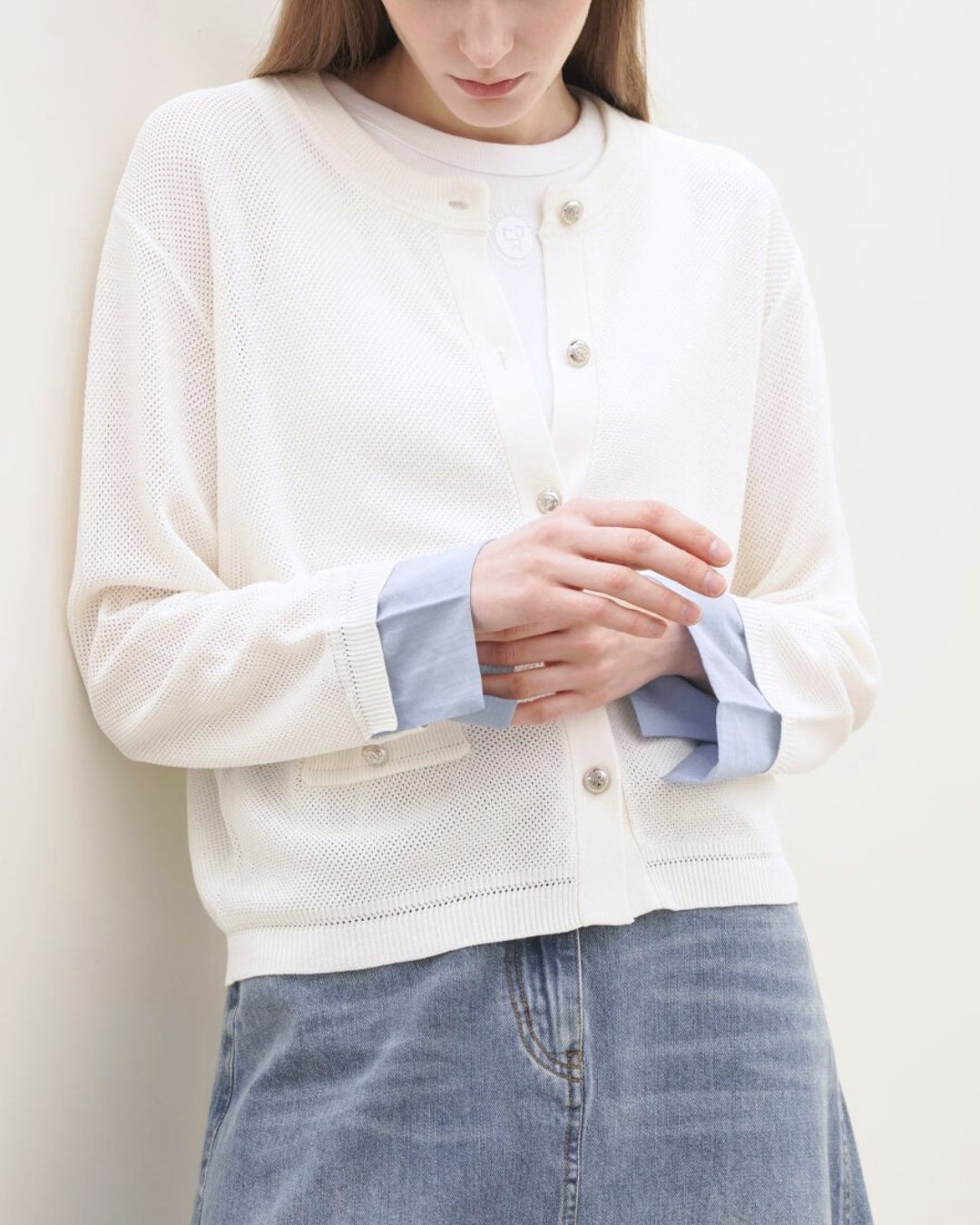 Chic Knit Cardigan with Layered Cuff - Ivory