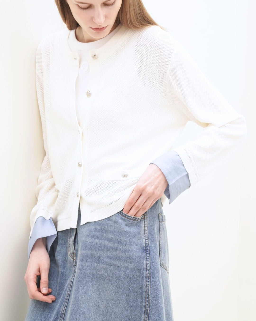 Chic Knit Cardigan with Layered Cuff - Ivory