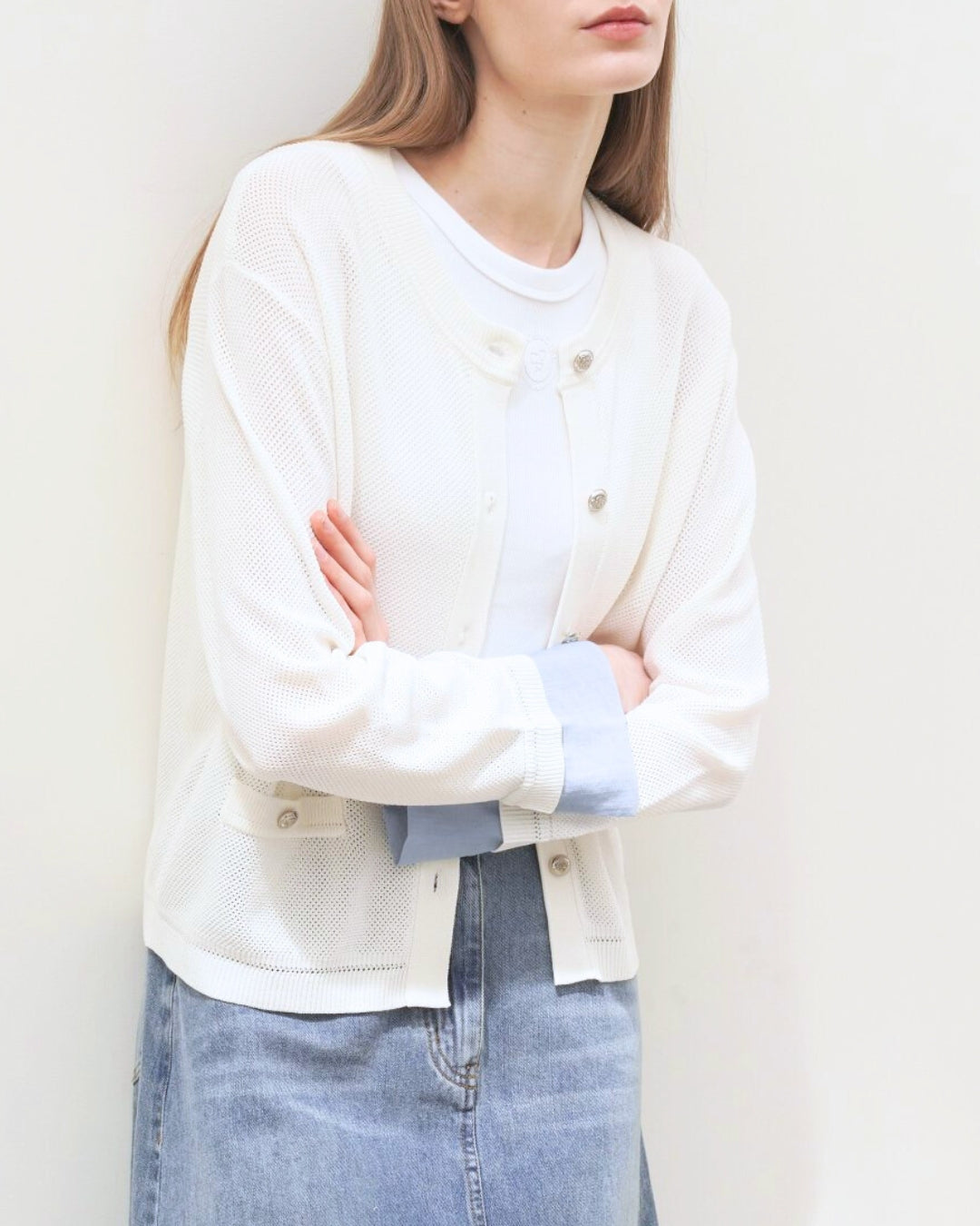 Chic Knit Cardigan with Layered Cuff - Ivory