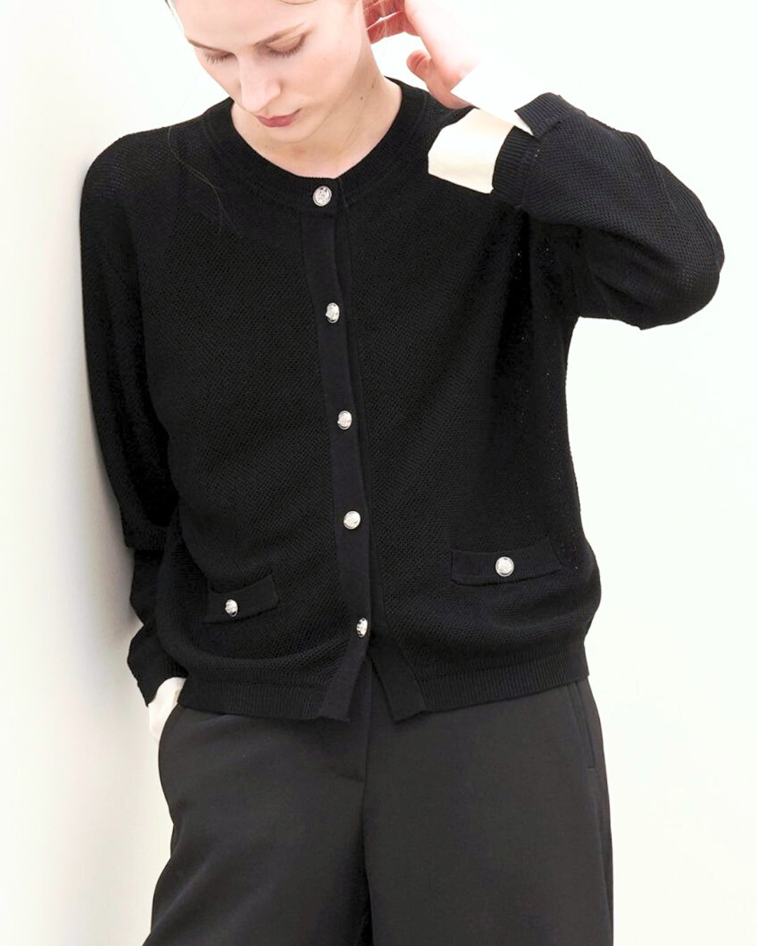 Chic Knit Cardigan with Layered Cuff - Black