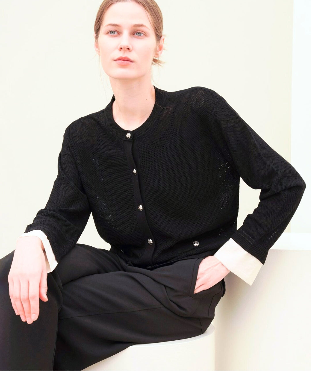 Chic Knit Cardigan with Layered Cuff - Black