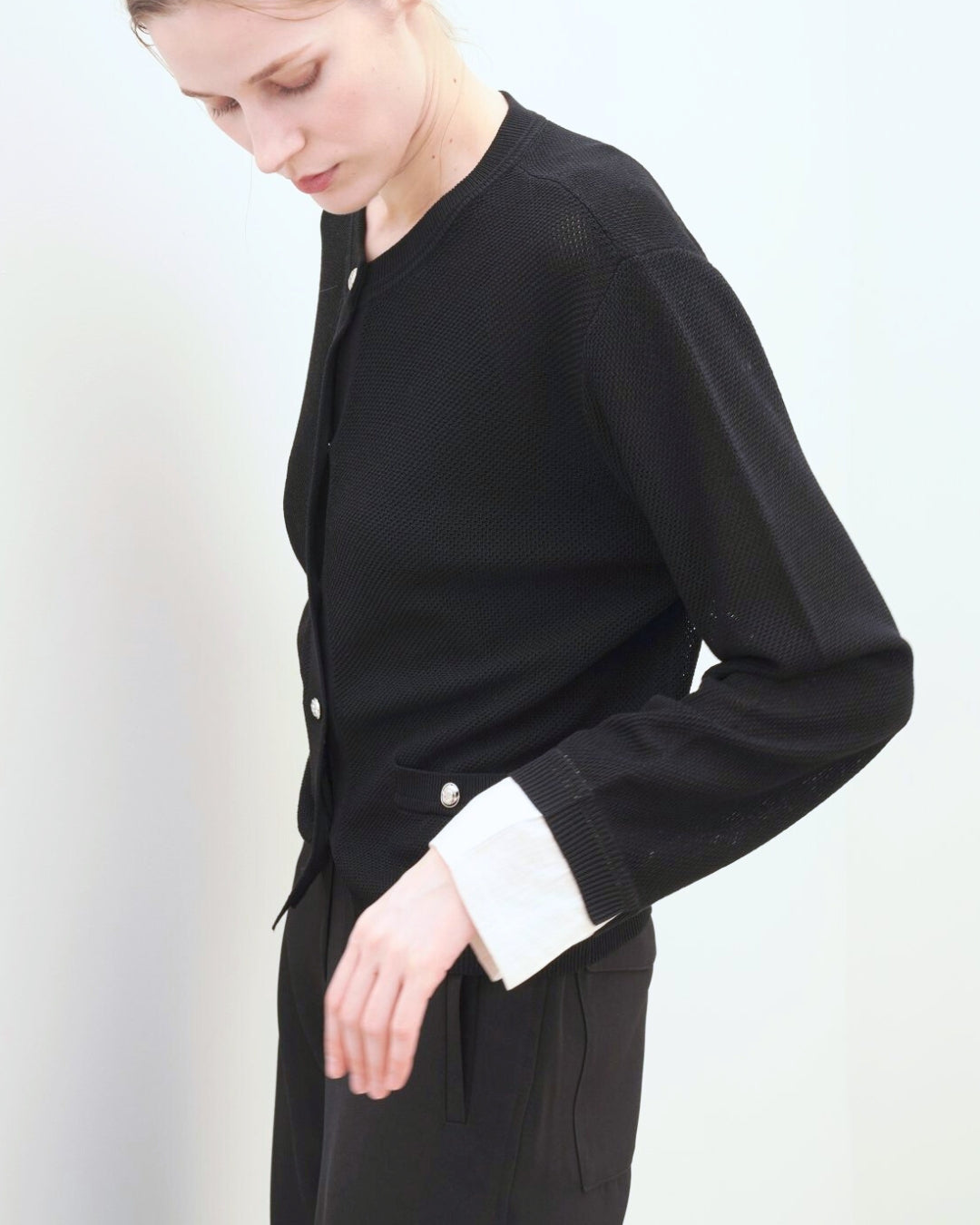 Chic Knit Cardigan with Layered Cuff - Black