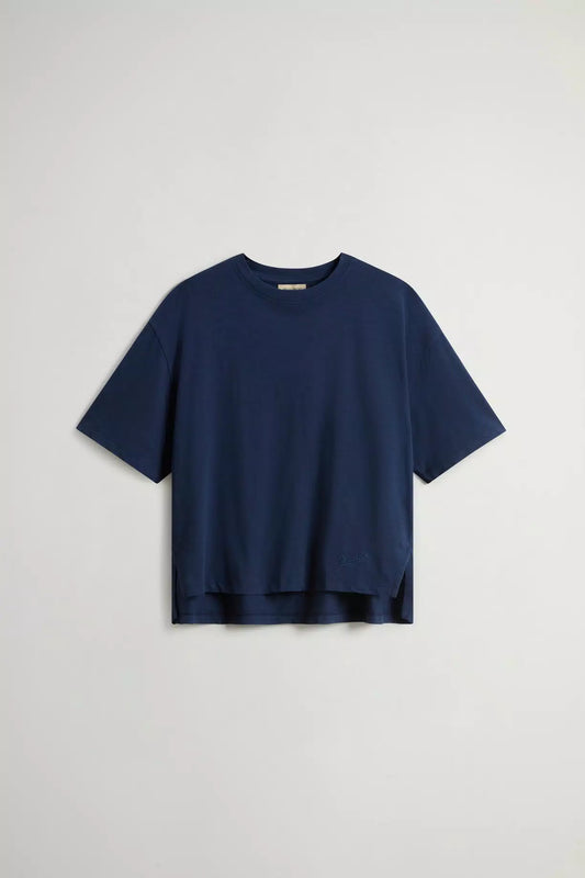 Woolrich Women T-Shirt in Pure Cotton Slub Fabric Dream Blue
