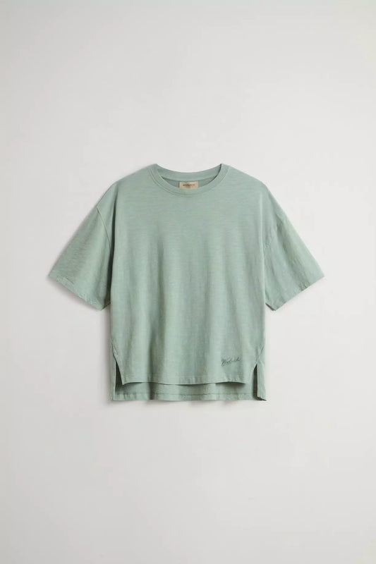 Woolrich Women T-Shirt in Pure Cotton Slub Fabric Chinois Green