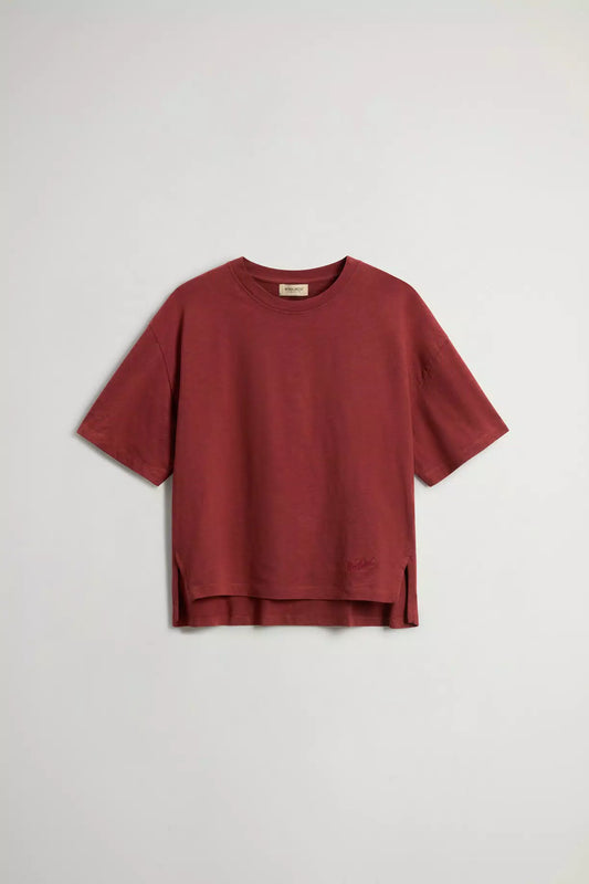 Woolrich Women T-Shirt in Pure Cotton Slub Fabric Madder Brown