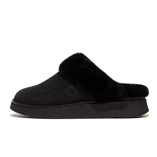 Fitflop Women Shearling-Collar Suede Slippers |GS7-090| All Black