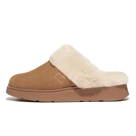 Fitflop Women Shearling-Collar Suede Slippers |GS7-A69| Desert Tan