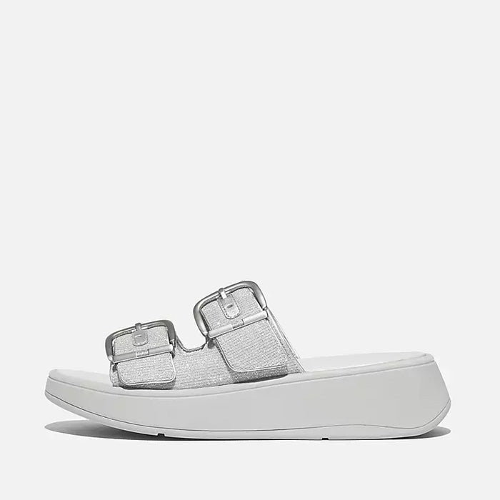 Fitflop Women F-Mode Buckle Shimmerlux Flatform Two-Bar Slides |HG6-011| Silver