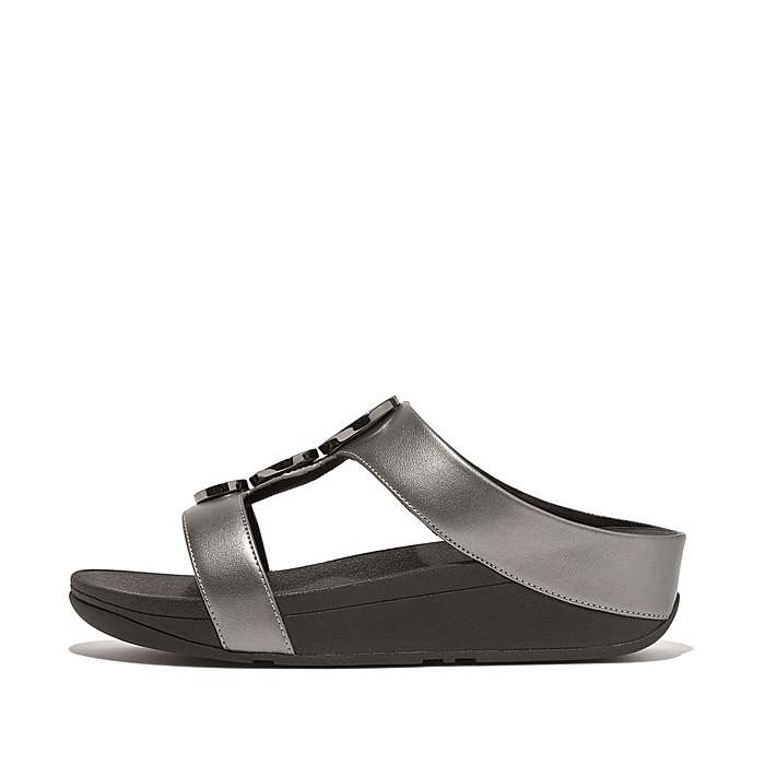 Fitflop Women Halo Bead-Circle Metallic H-Bar Slides |HJ2-B06| Pewter Black