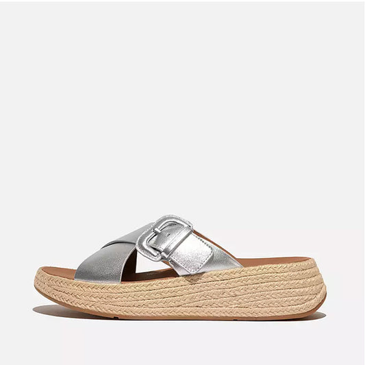 Fitflop Women F-Mode Espadrille Buckle M Leather Flatform Slides |HJ4-011| Silver