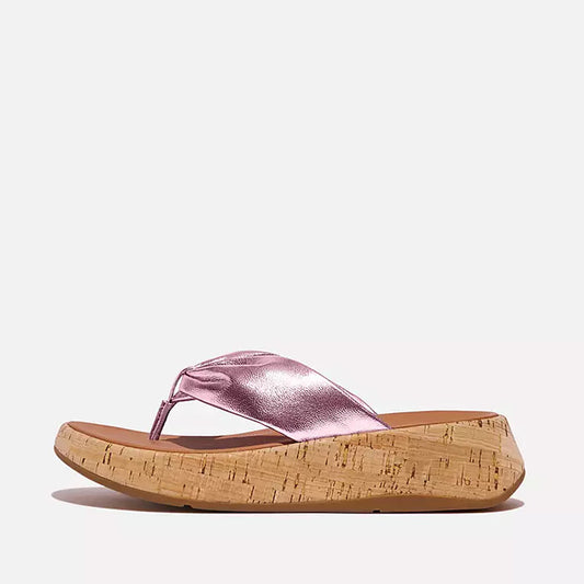 Fitflop Women F-Mode Leather-Twist Flatform Toe-Thongs (Cork) |HN3-A98| Metallic Wild Lilac