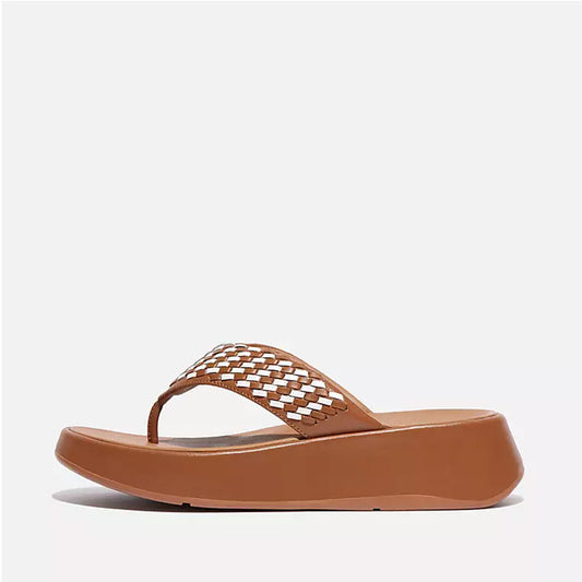 Fitflop Women F-Mode Woven-Leather Flatform Toe-Post Sandals |HN4-592| Light Tan