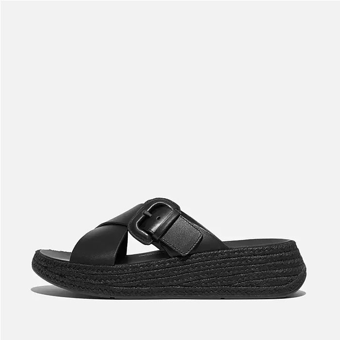 Fitflop Women F-Mode Espadrille Buckle Leather Flatform Slides |HP5-001| Black