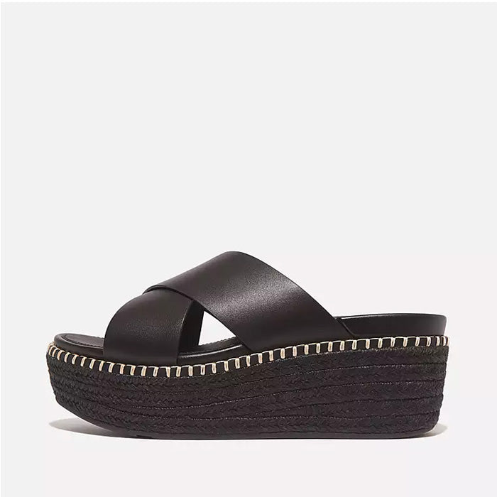 Fitflop Women Eloise Espadrille Leather Wedge Cross Slides |HS6-001| Black