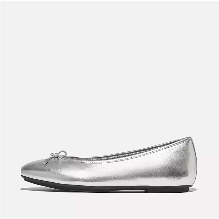 Fitflop Women Delicato Bow Soft Metallic-Leather Ballet Flats |IH2-011| Silver